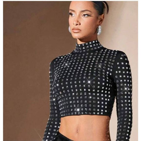 SHEIN BAE Ladies' Stand Collar Long Slv Blk T-Shirt with Rhinestones,  S, NWOT - Picture 1 of 8